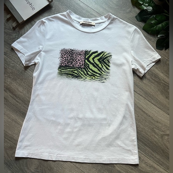 NWOT! Roberto Cavalli Pastel Neon Animal Flag Animalier Patchwork tee Size M - Picture 3 of 9